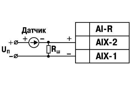 Схема подключения активного датчика с токовым выходом 0…5 мА, 0…20 мА или 4…20 мА