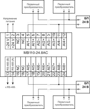 Схема подключения к прибору двухпроводных первичных преобразователей