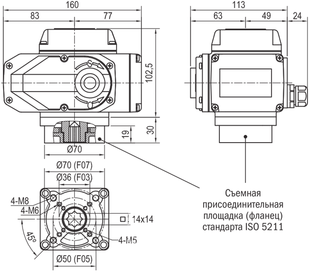 Габаритные размеры электроприводов KIPVALVE DCL-05