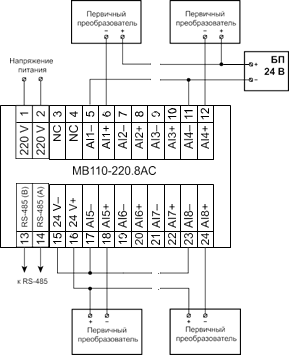 Схема подключения к прибору двухпроводных первичных преобразователей