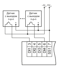 Подключение датчиков с выходным транзистором n-p-n типа с открытым коллектором