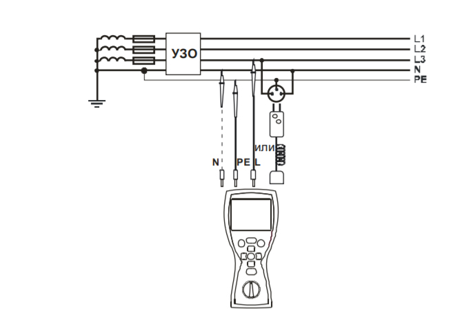 Схема подключения MRP-201 при измерении параметров УЗО.jpg